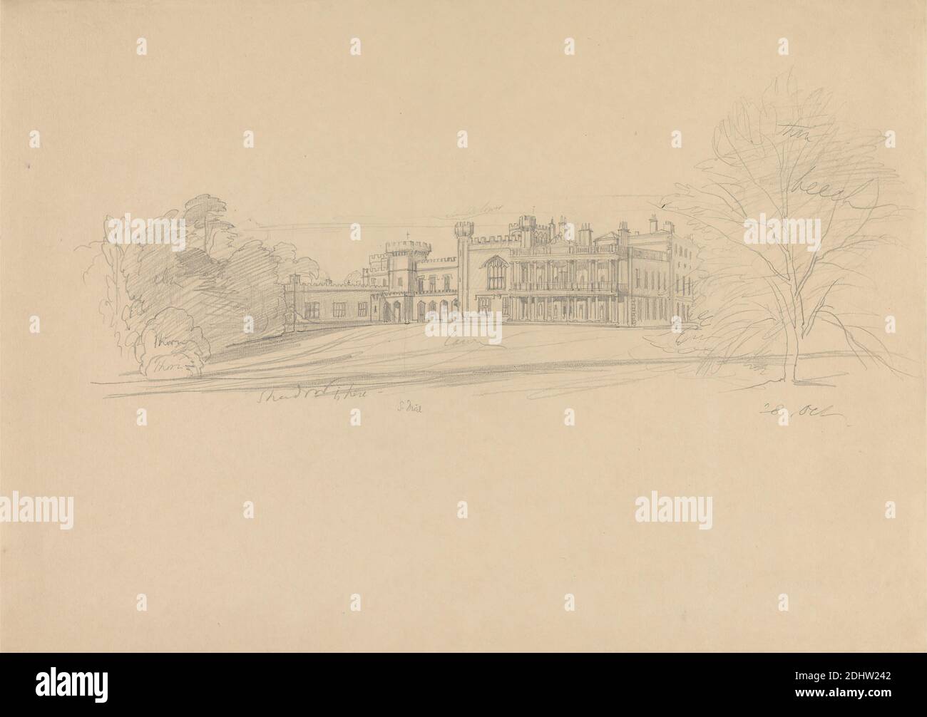 Knowsley Hall, Edward Lear, 1812–1888, British, undated, Graphite on thick, moderately textured, beige wove paper, Sheet: 10 3/4 x 15 inches (27.3 x 38.1 cm), architectural subject, chimneys (architectural elements), country house, landscape, mansion, towers (building divisions), trees, windows, England, Knowsley, Knowsley Hall, United Kingdom Stock Photo