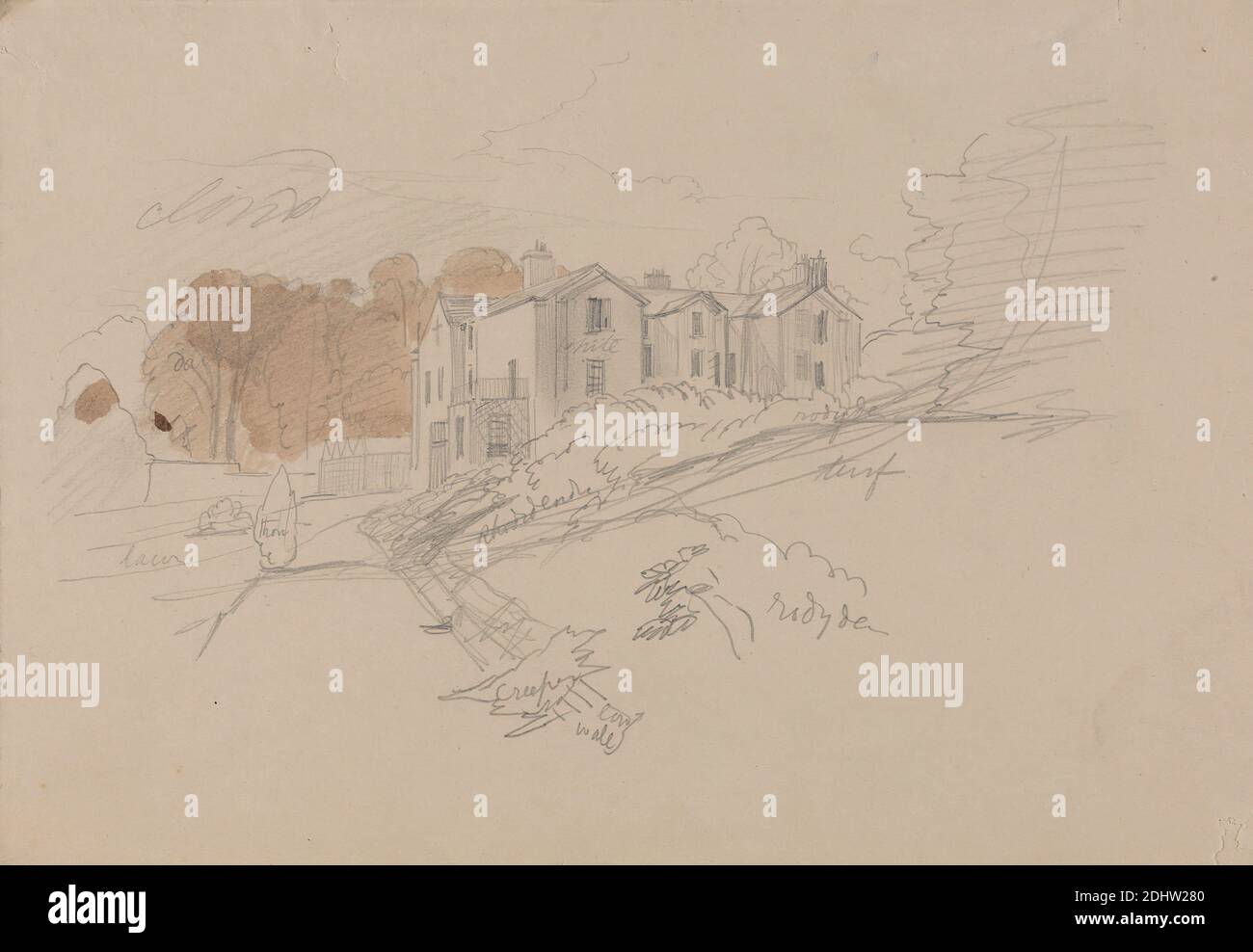 A Country House, Edward Lear, 1812–1888, British, ca. 1834, Graphite and brown wash on moderately thick,slightly textured, beige wove paper, Sheet: 6 7/8 x 10 inches (17.5 x 25.4 cm), architectural subject, bushes, chimneys (architectural elements), country house, road, windows Stock Photo