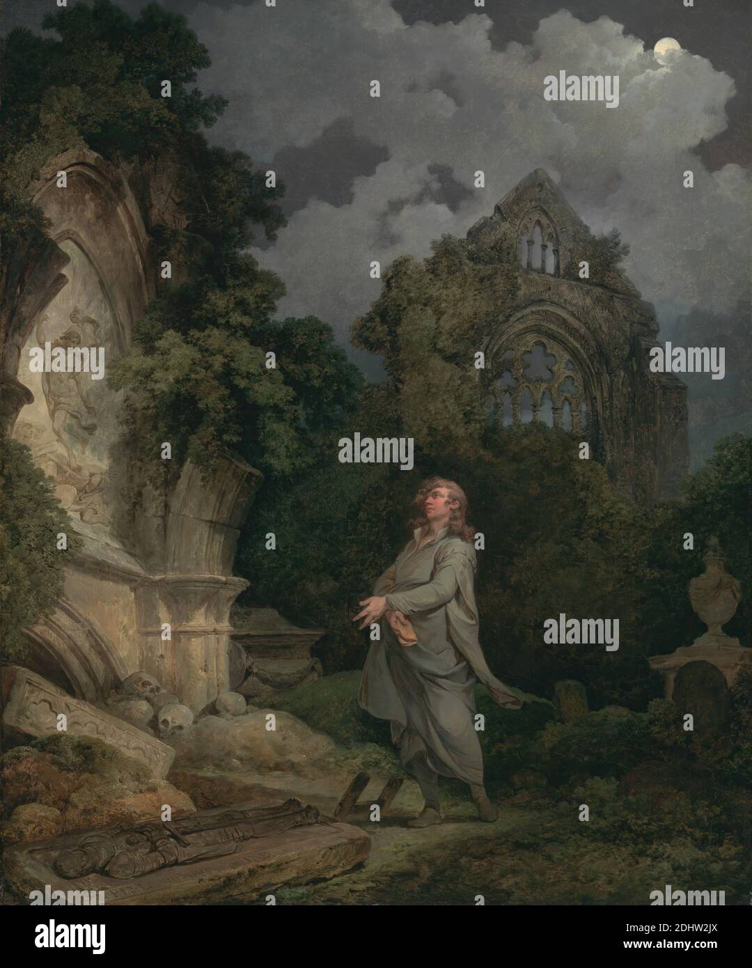A Philosopher in a Moonlit Churchyard, Philippe-Jacques de Loutherbourg, 1740–1812, French, active in Britain (from 1771), 1790, Oil on canvas, Support (PTG): 34 x 27 inches (86.4 x 68.6 cm), arch, bust, cemetery, churchyard, clouds, costume, death, fresco, genre subject, Gothic (Medieval), grave, landscape, man, night, Picturesque, the, relief (sculpture), Romantic, ruins, sarcophagus, skulls (skeleton components), Sublime, the, theater, urn Stock Photo