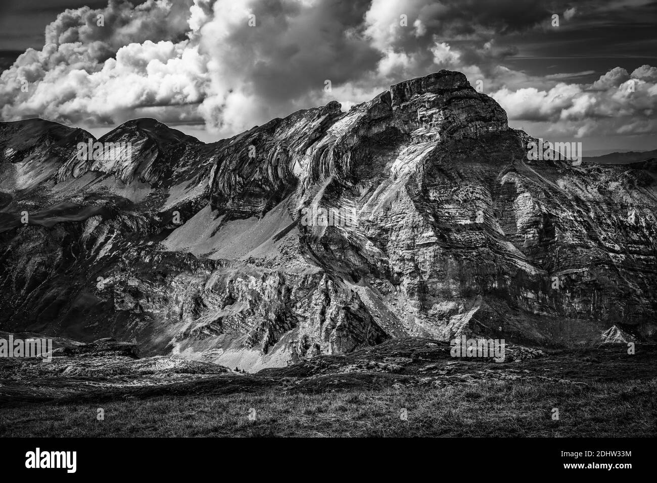 The Swiss Alps at Melchsee Frutt in black and white Stock Photo