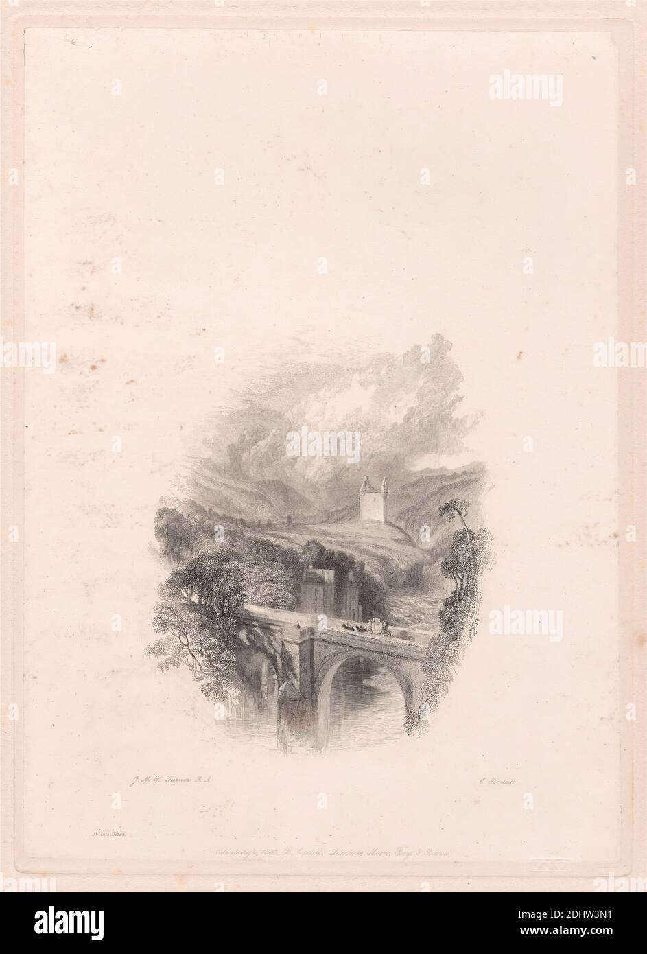 Johnnie Armstrong's Tower, Print made by Edward Goodall, 1795–1870, British, after Joseph Mallord William Turner, 1775–1851, British, 1834, Line engraving on medium, slightly textured, cream wove paper with chine-collé Stock Photo
