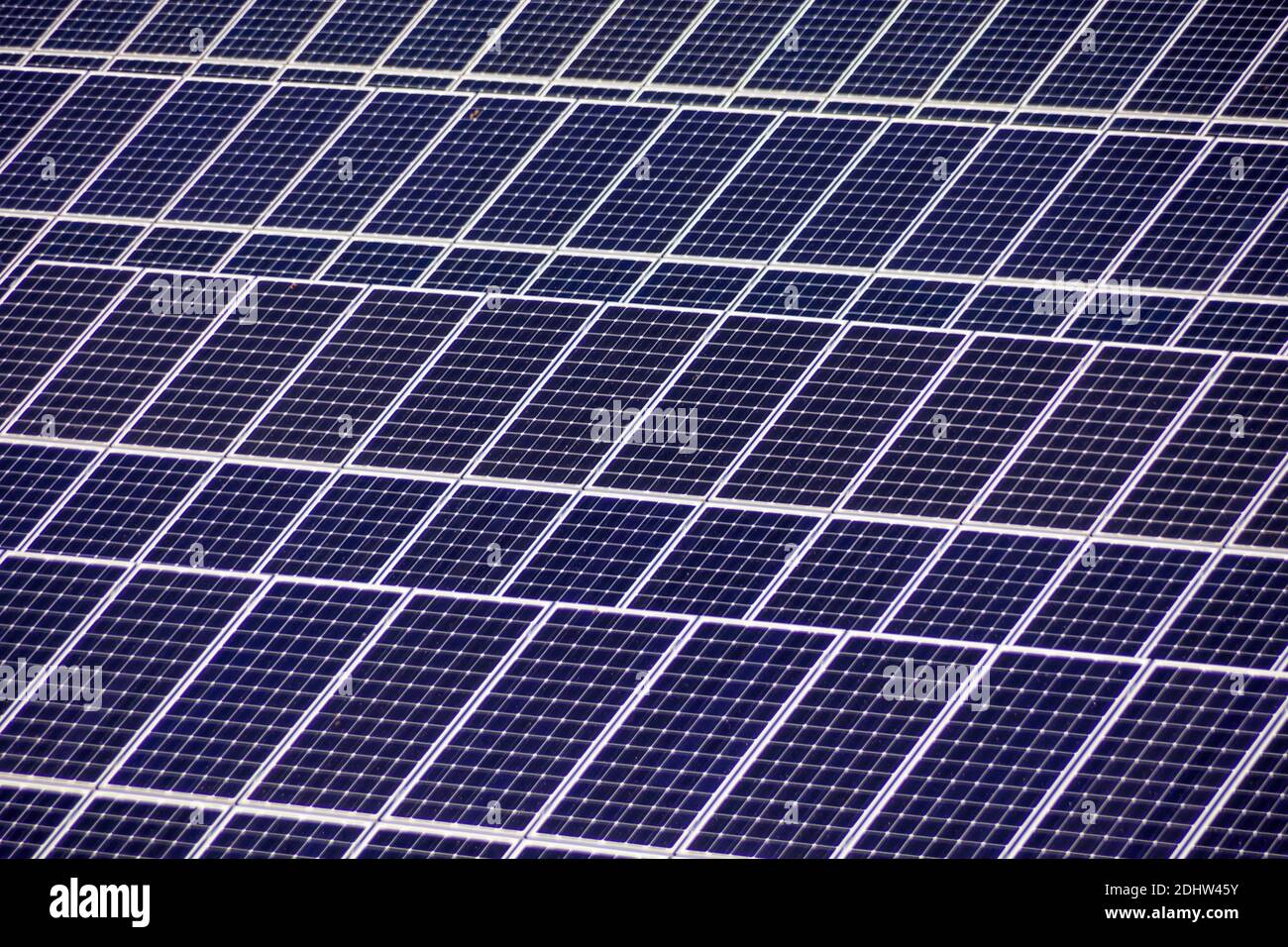 Solarzellen für die Gewinnung von Strom durch die Sonnenenergie eines Solarkraftwerkes. Alternative und umweltfreundliche Energie aus Sonnenkraft Stock Photo