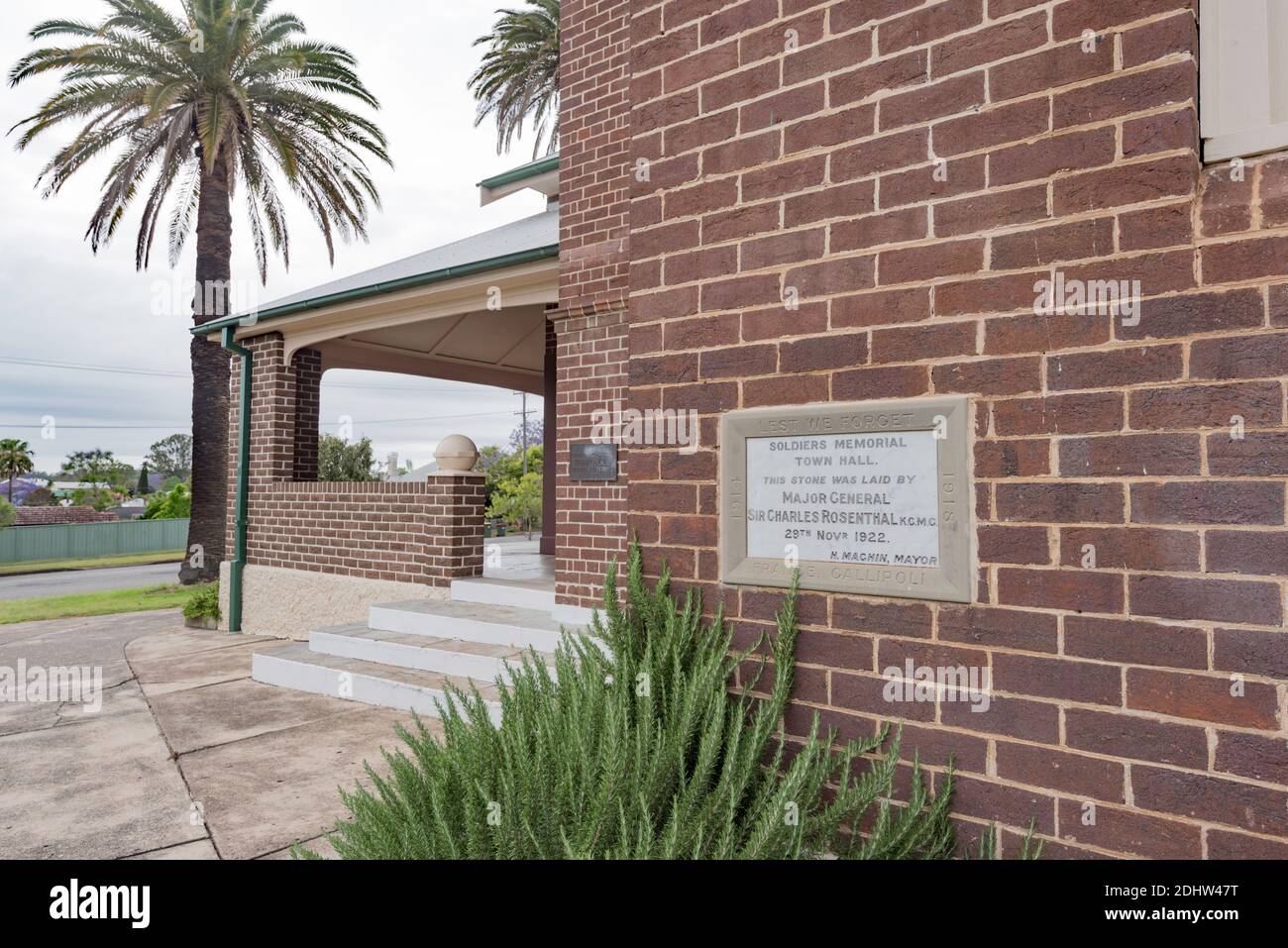 The foundation stone for the 1924 constructed, Interwar California Bungalow style, single level Memorial Town Hall in Wingham, New South Wales Stock Photo