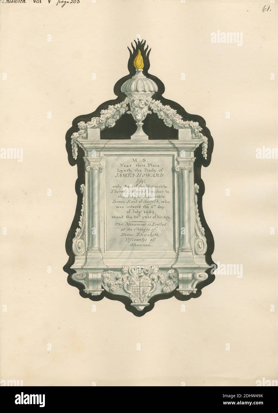 Memorial to James Howard from Chiswick Church, Attributed to Daniel Lysons, 1762–1834, British, between 1796 and 1811, Pen and black ink, watercolor and gouache over graphite on medium, slightly textured, cream wove paper, Sheet: 14 7/8 × 10 3/4 inches (37.8 × 27.3 cm), architectural subject, church, memorial, Chiswick, England, Greater London, London, St. Nicholas Church, United Kingdom Stock Photo