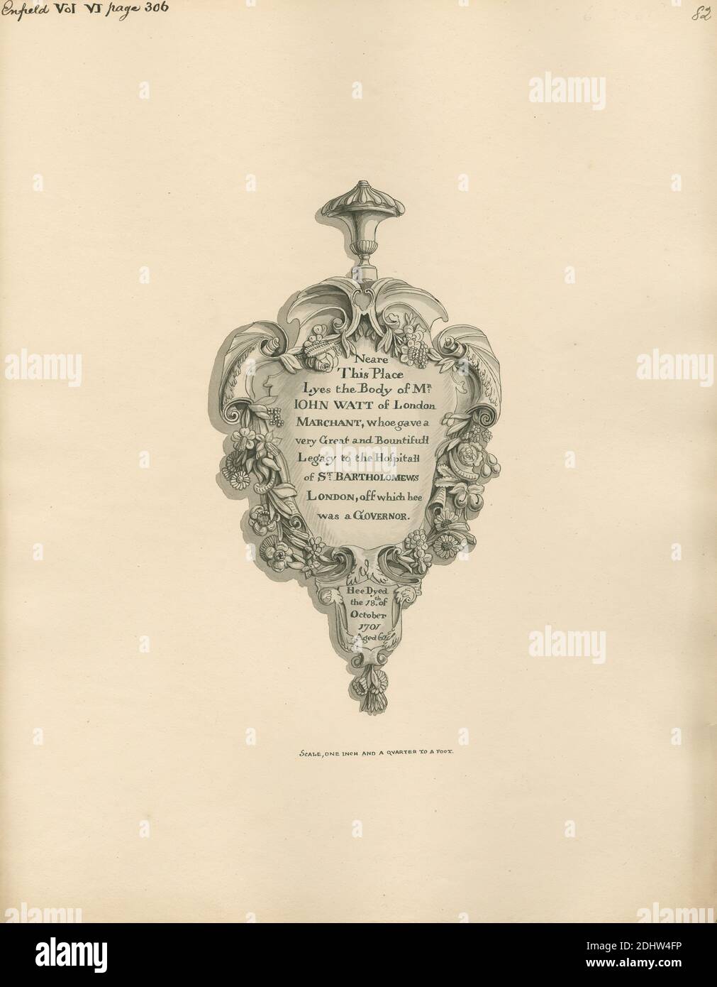 Memorial to John Watt from Enfield Church, Attributed to Daniel Lysons, 1762–1834, British, between 1796 and 1811, Pen and black ink and gray wash over graphite on medium, slightly textured, cream wove paper, Sheet: 13 3/4 × 11 1/8 inches (34.9 × 28.3 cm), architectural subject, church, memorial, Enfield, England, Greater London, London, St. Andrew's Church, United Kingdom Stock Photo