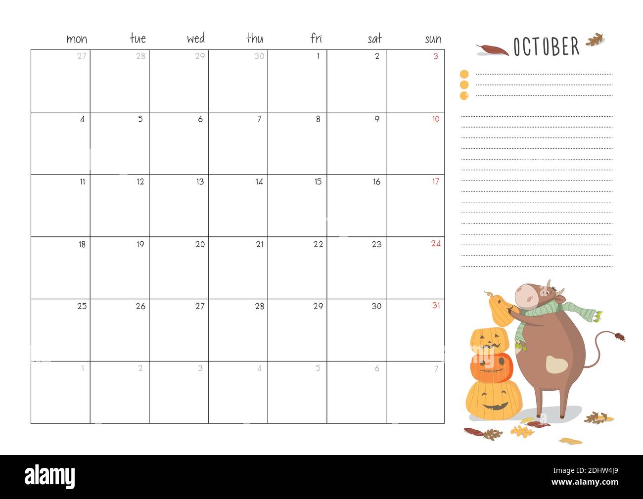 Printable A4 planner page for October  2021 with a cute bull, cow or ox, the symbol of the new year 2021 according to the Chinese calendar. Week start Stock Vector