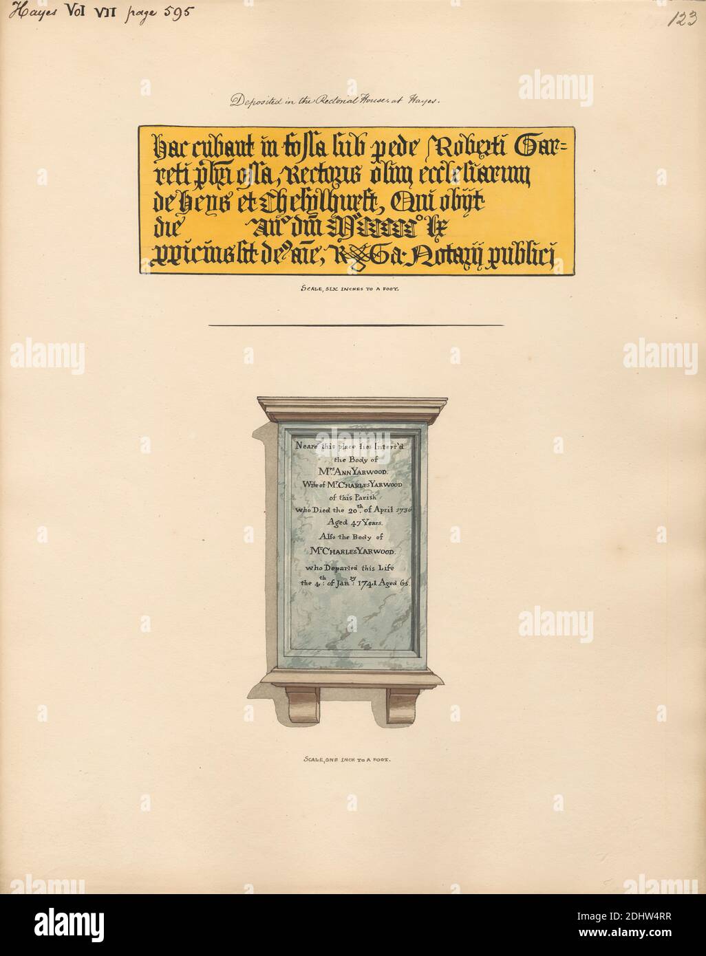 Memorial to Mr. Charles and Mrs. Anne Yarwood from Hayes Church, Attributed to Daniel Lysons, 1762–1834, British, beteween 1796 and 1811, Pen and black ink and watercolor over graphite on medium, slightly textured, cream wove paper, Sheet: 13 7/8 × 11 1/8 inches (35.2 × 28.3 cm), architectural subject, church, memorial, England, Greater London, London, United Kingdom Stock Photo