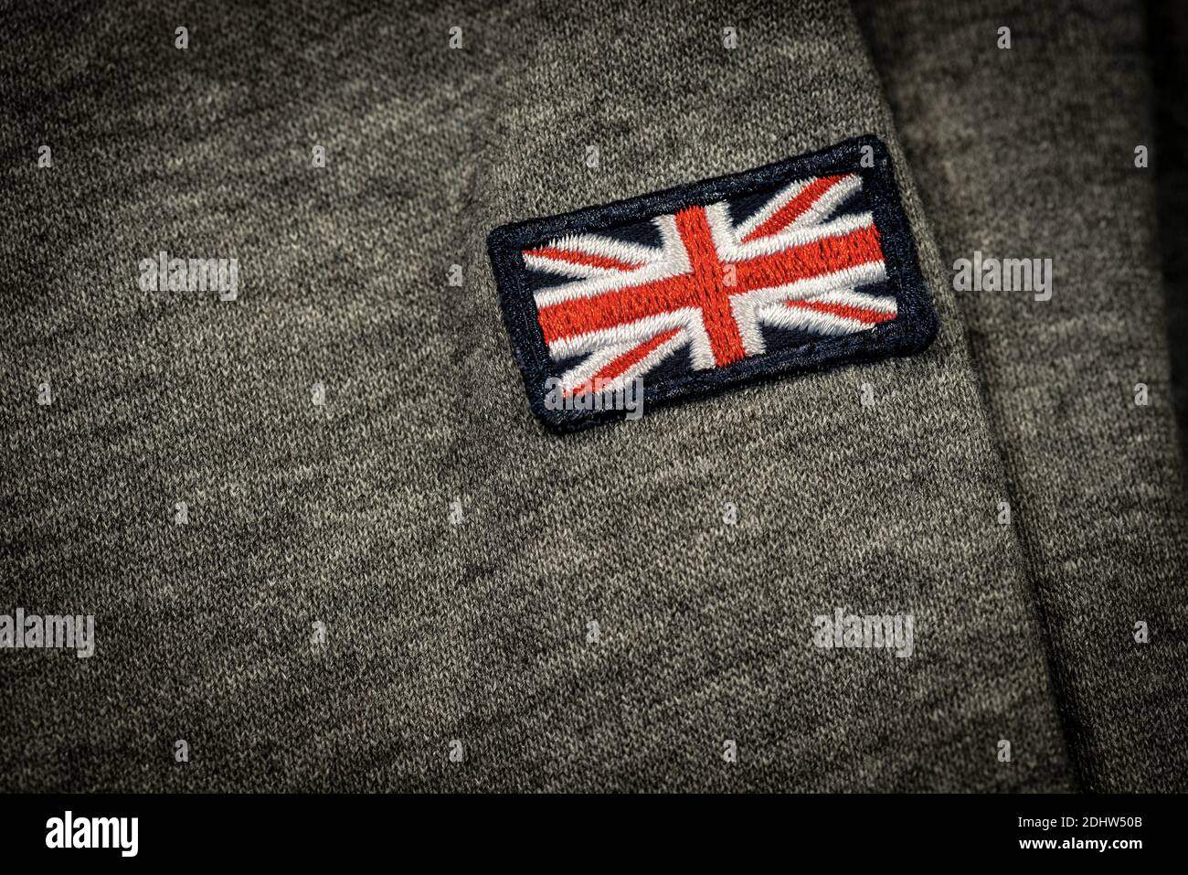 Extreme closeup of a clothing label with the UK flag (Union Jack Flag