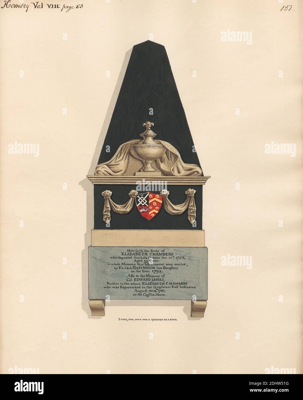 Memorial to Elizabeth Chambers and Col. Edward James, Attributed to Daniel Lysons, 1762–1834, British, between 1796 and 1811, Pen and black ink, watercolor and gouache over graphite on medium, slightly textured, cream wove paper, Sheet: 13 7/8 × 11 1/8 inches (35.2 × 28.3 cm), architectural subject, church, memorial, England, Greater London, London, United Kingdom Stock Photo