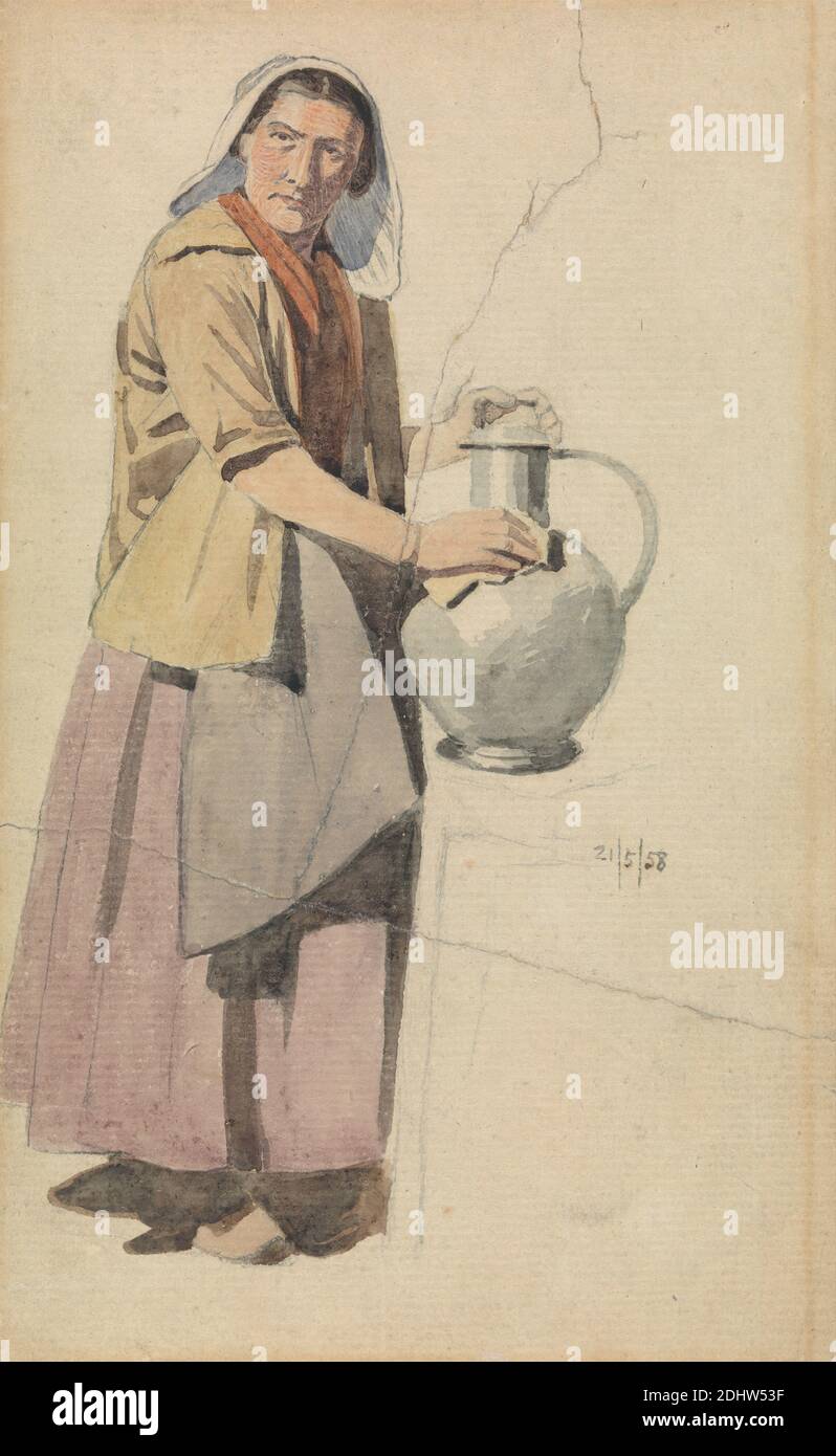 Portrait of a Woman with a Pitcher, Richard Dadd, 1817–1886, British, 1858, Watercolor over graphite on thick, moderately textured, beige laid paper, Sheet: 7 3/8 × 4 1/8 inches (18.8 × 10.5 cm), apron, genre subject, peasant, pitcher, woman Stock Photo