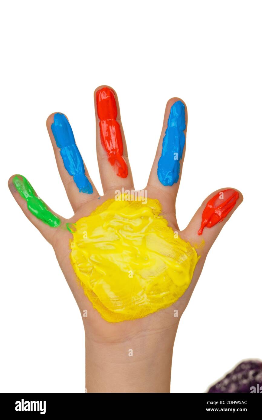 Ein kleines Kind malt mit Fingerfarben. Lustig und Kreativ, bunt, gelb, rot, blau, Stock Photo