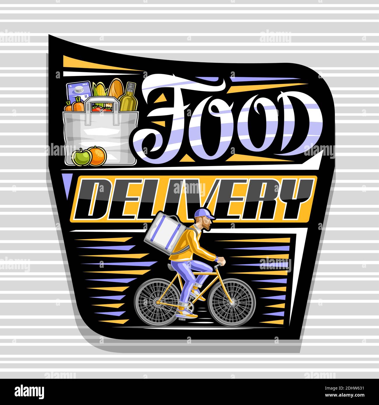Vector logo for Food Delivery, black decorative label with illustration