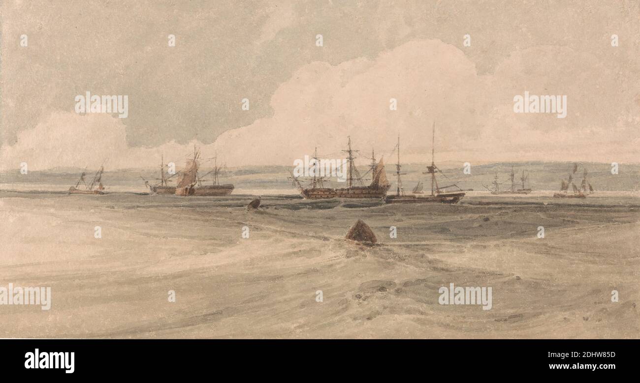View of Sheerness, François Louis Thomas Francia, 1772–1839, French, active in Britain, undated, Watercolor and brown ink over graphite on moderately thick, rough, beige wove paper, Sheet: 6 3/8 x 12 inches (16.2 x 30.5 cm), marine art, river, ships, waves (natural events), England, Kent, Medway, Sheerness, Sheppey, United Kingdom Stock Photo