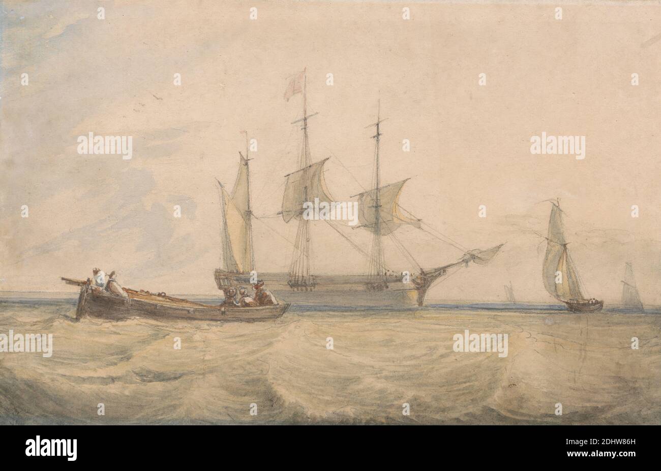 Shipping Off the Coast, follower of François Louis Thomas Francia, 1772–1839, French, active in Britain, formerly attributed to François Louis Thomas Francia, 1772–1839, French, active in Britain, undated, Watercolor over graphite on moderately thick, smooth, cream wove paper, pasted on mount, Sheet: 5 7/8 x 9 1/8 inches (14.9 x 23.2 cm), boats, flag, marine art, sailboats, sea, seamen, ships Stock Photo