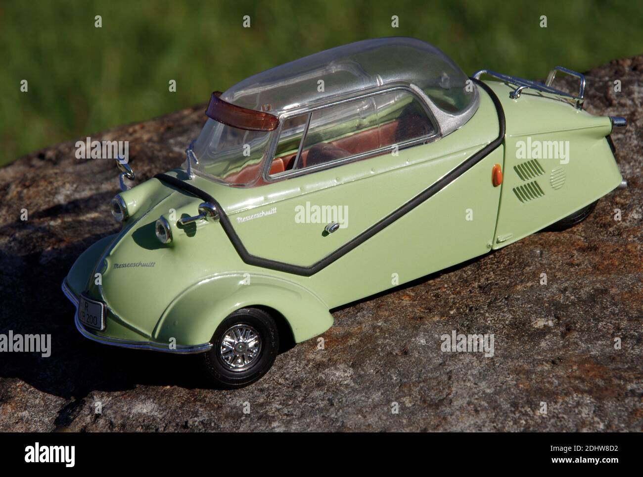 Messerschmitt KR200 toy car. Green 3-wheeler bubble car.  German, also known as Kabinenroller, Karo. Stock Photo