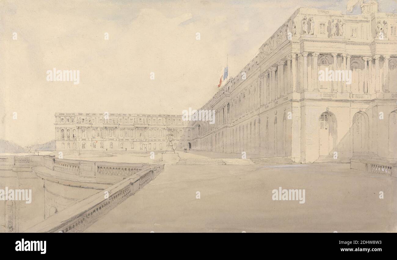 Versailles, James Holland, 1799–1870, British, undated, Graphite, watercolor, white gouache on medium, slightly textured, cream laid paper, Sheet: 5 1/2 × 9 1/4 inches (14 × 23.5 cm), arches, architectural subject, columns, palace, statues, steps, Europe, France, Versailles, Yvelines Stock Photo
