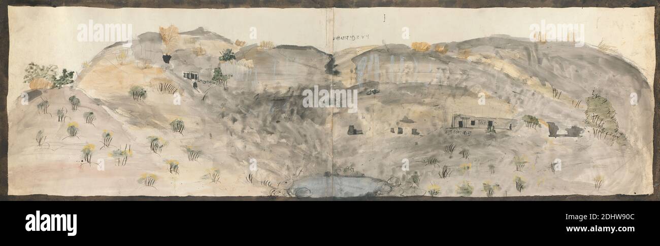The Waterfall of Doomar Leyna, Dry Except in Rains, Gangaram Chintaman Tambat, active 1790s, Anglo-Indian, undated, Watercolor, gouache, graphite, and pen and black ink on two joined sheets of medium, slightly textured, cream laid paper, Sheet: 11 7/8 × 38 inches (30.2 × 96.5 cm Stock Photo