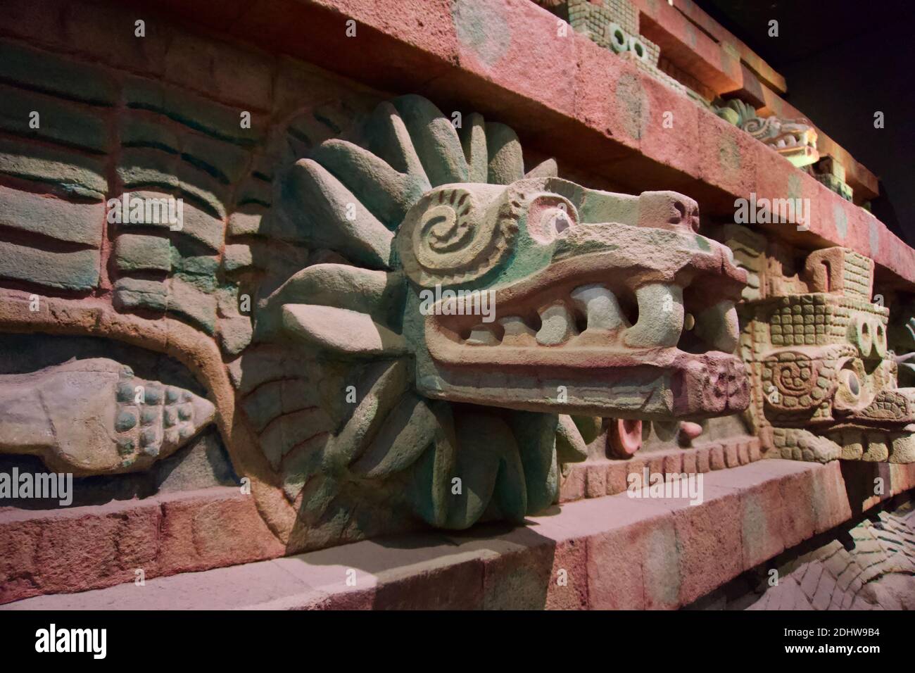 Serpent head on replica of Teotihuacan emple at the National Museum of Anthropology (Museo Nacional de Antropologia, MNA). Mexico City, Mexico. Stock Photo