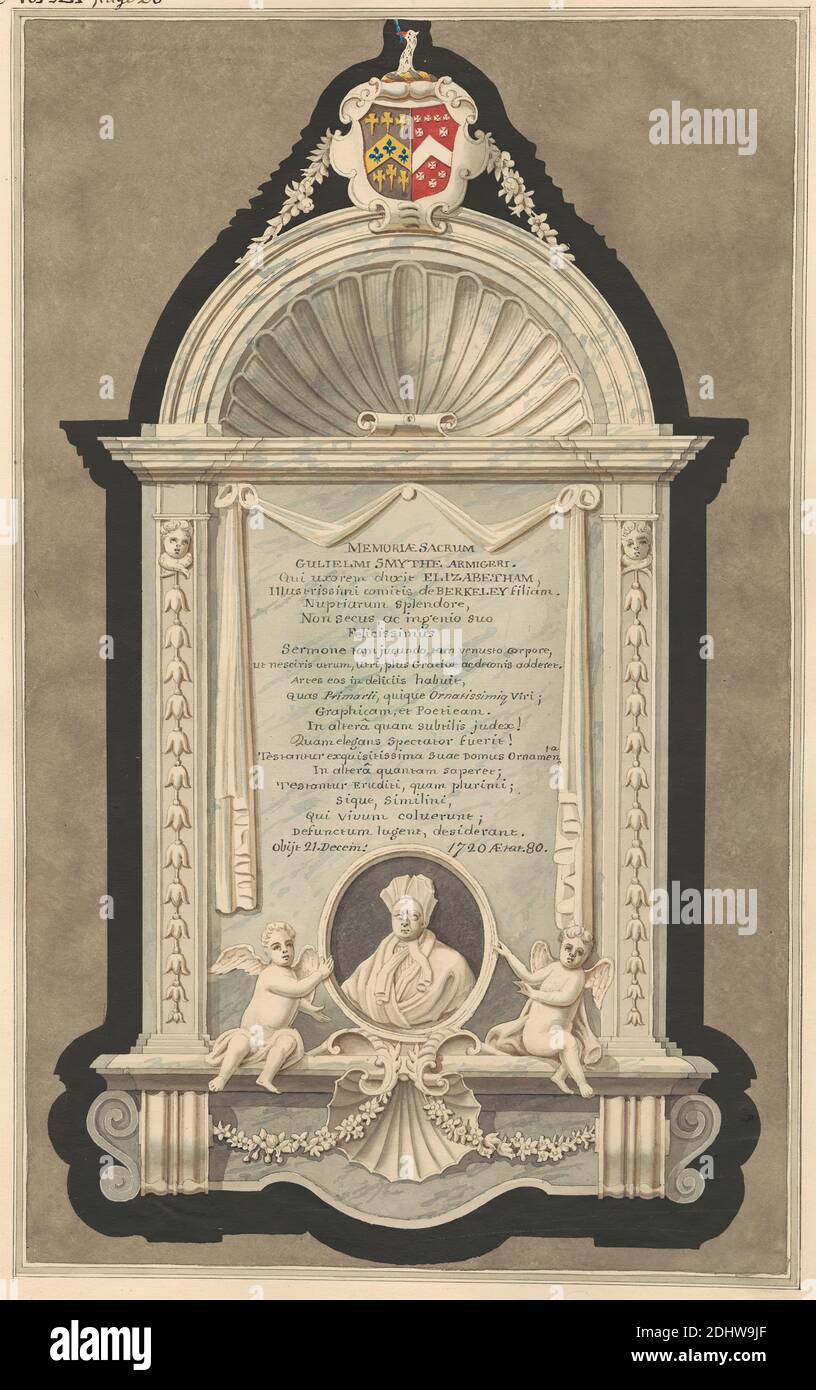 Memorial to William Smith from Cranford Church, Daniel Lysons, 1762–1834, British, between 1796 and 1811, Pen and black ink, watercolor and gouache over graphite on medium, slightly textured, cream wove paper, Sheet: 15 × 10 7/8 inches (38.1 × 27.6 cm), architectural subject, church, memorial, Cranford, Cranford St Dunstan with Holy Angels, England, Greater London, Hounslow, London, United Kingdom Stock Photo