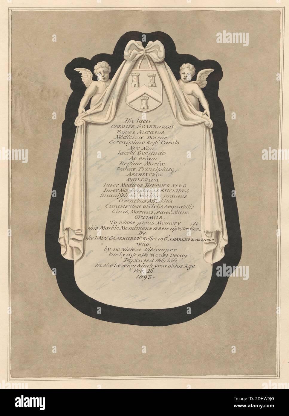 Memorial to Carous Scarburgh from Cranford Church, Daniel Lysons, 1762–1834, British, between 1796 and 1811, Pen and black ink and watercolor over graphite on medium, slightly textured, cream wove paper, Sheet: 14 1/2 × 10 7/8 inches (36.8 × 27.6 cm), architectural subject, church, memorial, Cranford, Cranford St Dunstan with Holy Angels, England, Greater London, Hounslow, London, United Kingdom Stock Photo