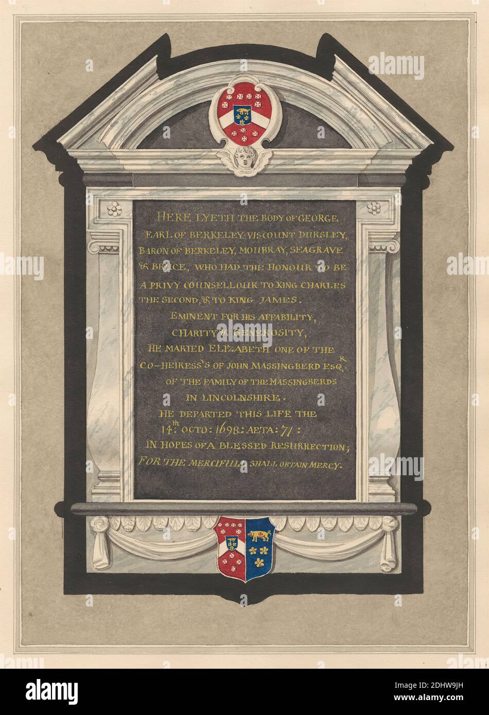 Memorial of George, Earl of Berkeley from Cranford Church, Daniel Lysons, 1762–1834, British, between 1796 and 1811, Pen and black ink, watercolor and gouache over graphite on medium, slightly textured, cream wove paper, Sheet: 15 × 10 7/8 inches (38.1 × 27.6 cm), architectural subject, church, memorial, Cranford, Cranford St Dunstan with Holy Angels, England, Greater London, Hounslow, London, United Kingdom Stock Photo