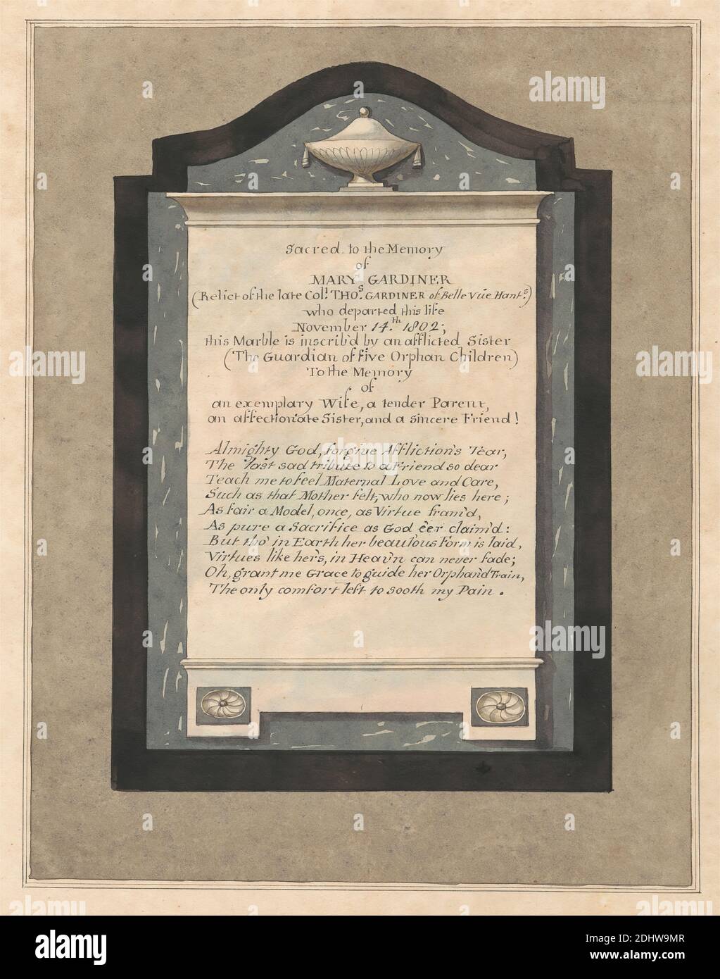 Memorial to Mary Gardiner from Hampton Church, Daniel Lysons, 1762–1834,  British, between 1796 and 1811, Pen and black ink and watercolor over  graphite on medium, slightly textured, cream wove paper, Sheet: 15