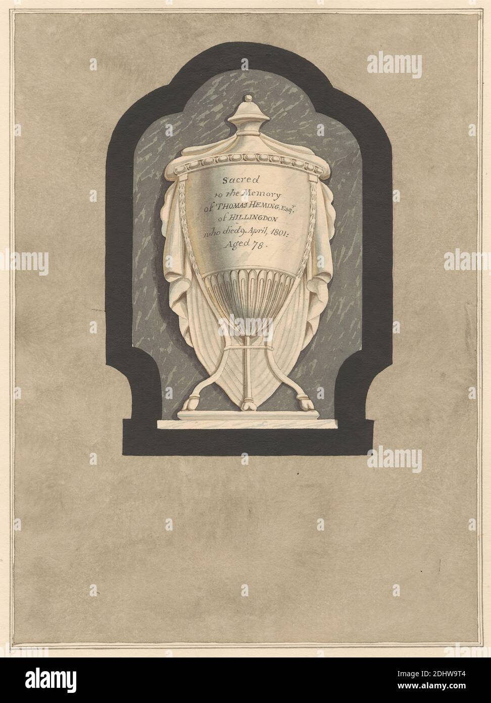 Memorial to Thomas Heming from Hillingdon Church, Daniel Lysons, 1762–1834, British, between 1796 and 1811, Pen and black ink and watercolor over graphite on medium, slightly textured, cream wove paper, Sheet: 14 3/4 × 10 3/4 inches (37.5 × 27.3 cm), architectural subject, church, memorial, Church of St John the Baptist, England, Greater London, Hillingdon, London, United Kingdom Stock Photo