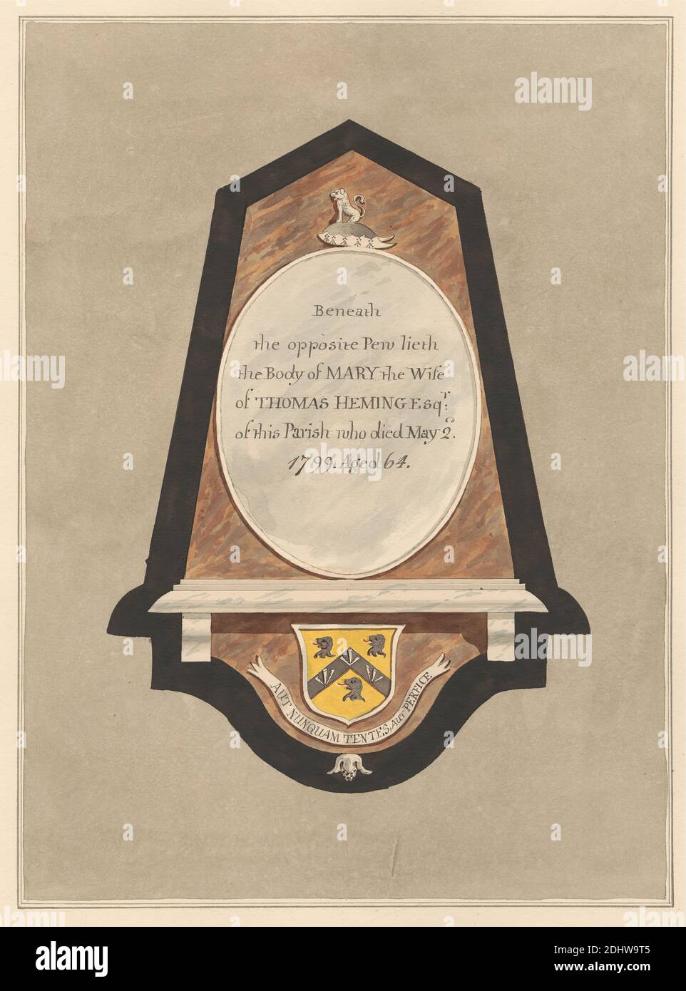 Memorial to Mary Heming from Hillingdon Church, Daniel Lysons, 1762–1834, British, between 1796 and 1811, Pen and black ink, watercolor and gouache over graphite on medium, slightly textured, cream wove paper, Sheet: 14 3/4 × 10 5/8 inches (37.5 × 27 cm), architectural subject, church, memorial, Church of St John the Baptist, England, Greater London, Hillingdon, London, United Kingdom Stock Photo