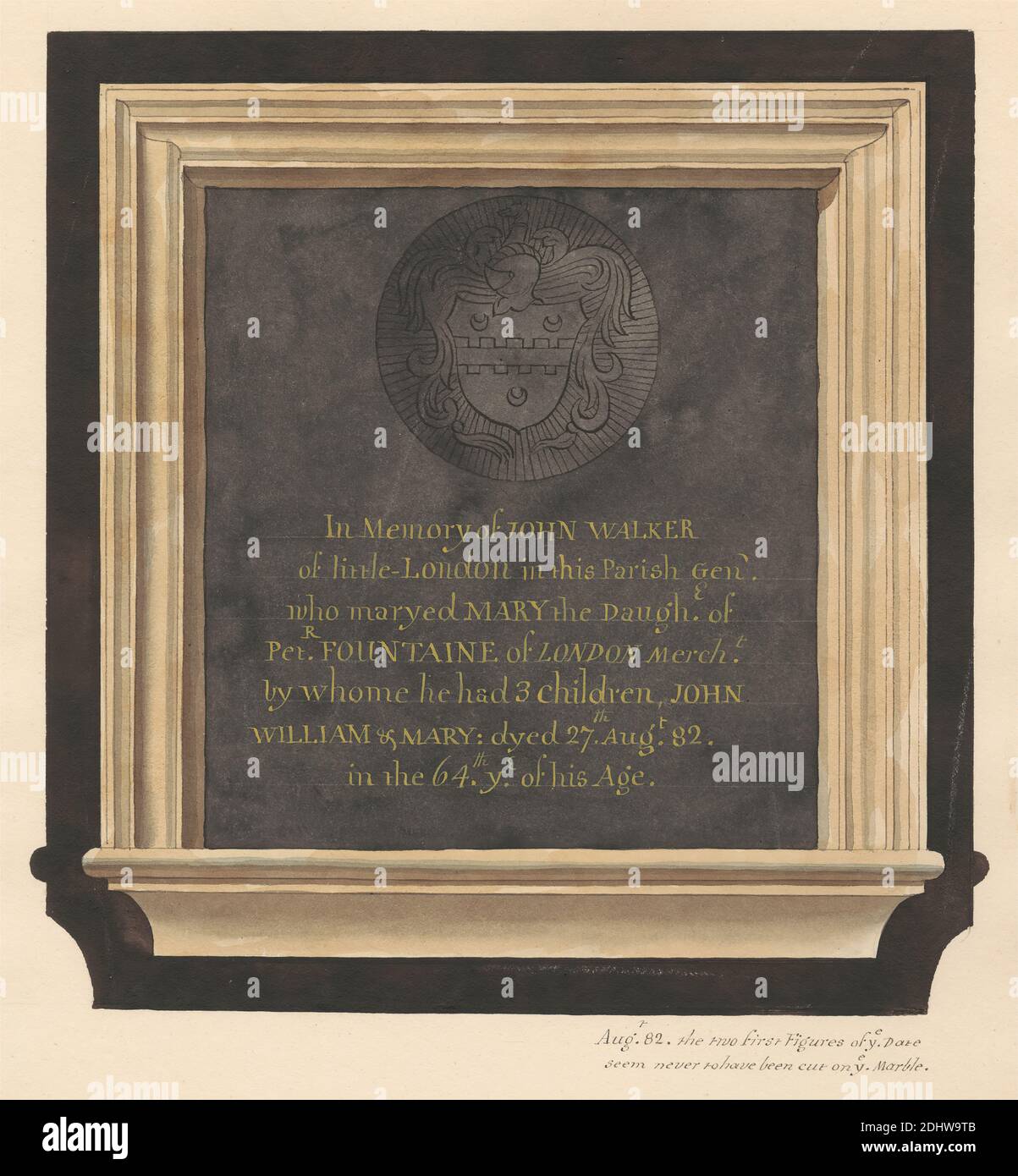 Memorial to John Walker from Hillingdon Church, Daniel Lysons, 1762–1834, British, between 1796 and 1811, Pen and black ink and watercolor and graphite on medium, slightly textured, cream wove paper, Sheet: 14 3/4 × 10 5/8 inches (37.5 × 27 cm), architectural subject, church, memorial, Church of St John the Baptist, England, Greater London, Hillingdon, London, United Kingdom Stock Photo