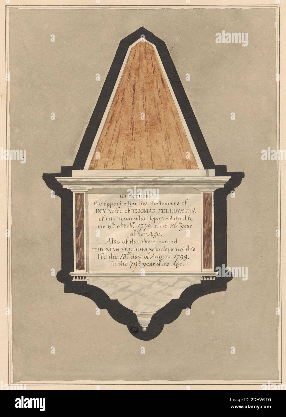 Memorial to Thomas and Ann Felows from Hillingdon Church, Daniel Lysons, 1762–1834, British, between 1796 and 1811, Pen and black ink, watercolor and gouache over graphite on medium, slightly textured, cream wove paper, Sheet: 14 × 10 5/8 inches (35.6 × 27 cm), architectural subject, church, memorial, Church of St John the Baptist, England, Greater London, Hillingdon, London, United Kingdom Stock Photo