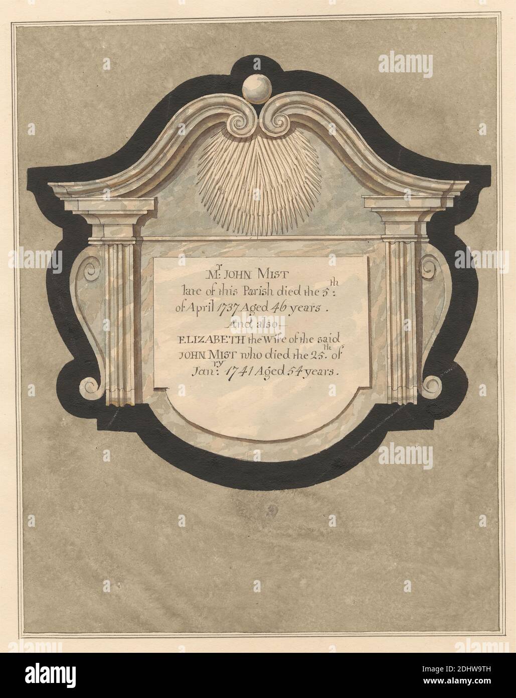 Memorial to John Mist and his wife Elizabeth from Hillingdon Church, Daniel Lysons, 1762–1834, British, between 1796 and 1811, Pen and black ink and watercolor over graphite on medium, slightly textured, cream wove paper, Sheet: 14 7/8 × 10 1/2 inches (37.8 × 26.7 cm), architectural subject, church, memorial, Church of St John the Baptist, England, Greater London, Hillingdon, London, United Kingdom Stock Photo