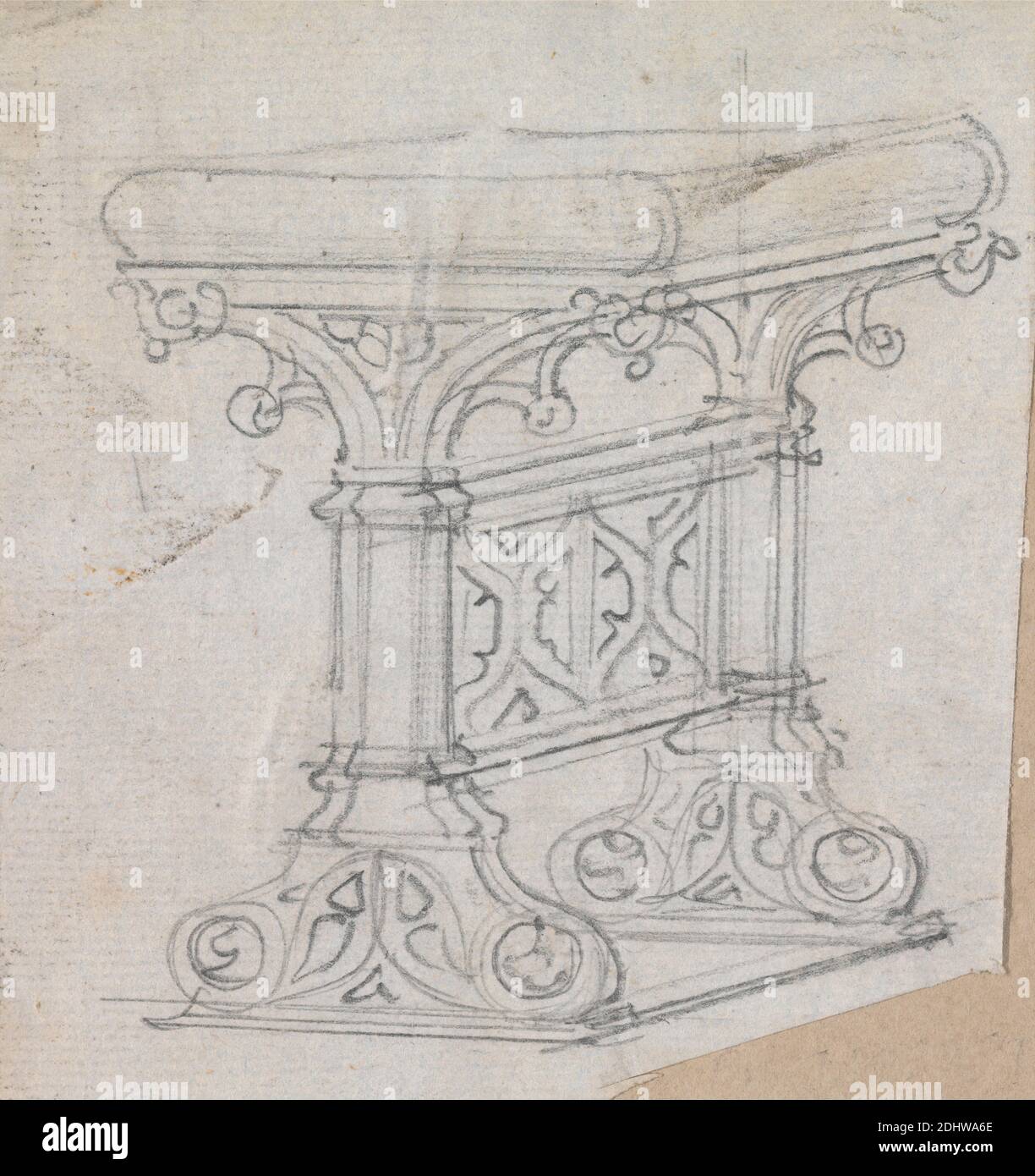 Design for a Gothic Table, Augustus Welby Northmore Pugin, 1812–1852, British, Augustus Charles Pugin, 1762–1832, French, undated, Graphite on medium, moderately textured, cream laid paper, Mount: 12 3/8 x 13 1/4 inches (31.4 x 33.7 cm) and Sheet: 4 1/4 x 3 3/4 inches (10.8 x 9.5 cm), architectural subject, designs, Gothic (Medieval), table Stock Photo