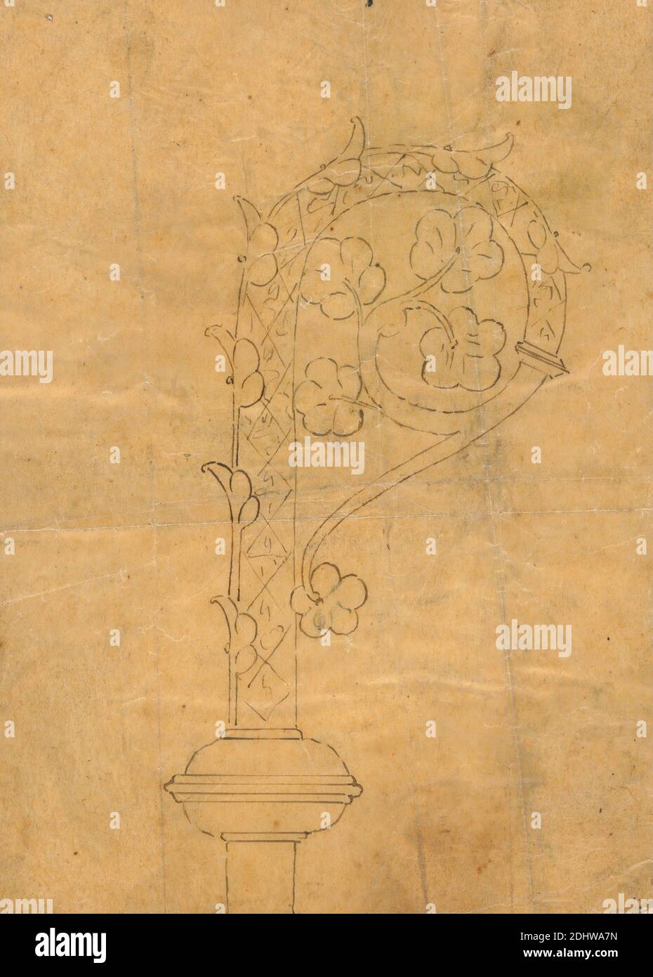 Design for a Gothic Staff, Augustus Welby Northmore Pugin, 1812–1852, British, Augustus Charles Pugin, 1762–1832, French, undated, Pen and brown ink on thin, smooth, brown tracing paper mounted on medium, slightly textured, cream laid paper, Sheet: 6 7/8 x 4 7/8 inches (17.5 x 12.4 cm) and Mount: 12 3/8 x 13 1/4 inches (31.4 x 33.7 cm), architectural subject Stock Photo