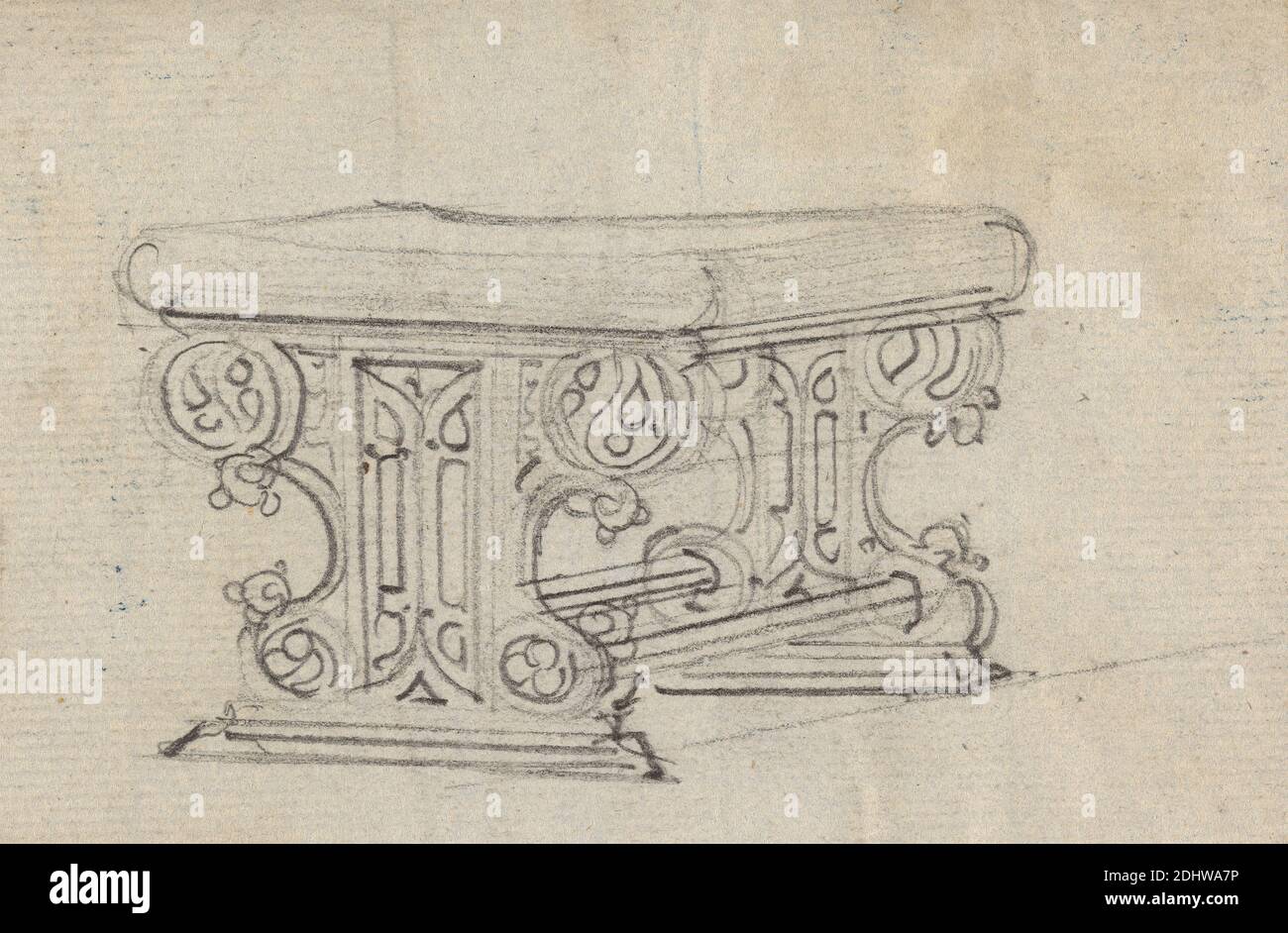 Design for a Gothic Kneeler, Augustus Welby Northmore Pugin, 1812–1852, British, Augustus Charles Pugin, 1762–1832, French, undated, Graphite on medium, moderately textured, cream laid paper, Mount: 12 3/8 x 13 1/4 inches (31.4 x 33.7 cm) and Sheet: 3 × 4 1/2 inches (7.6 × 11.4 cm), architectural subject, designs, Gothic (Medieval), kneelers (religious building fixtures Stock Photo