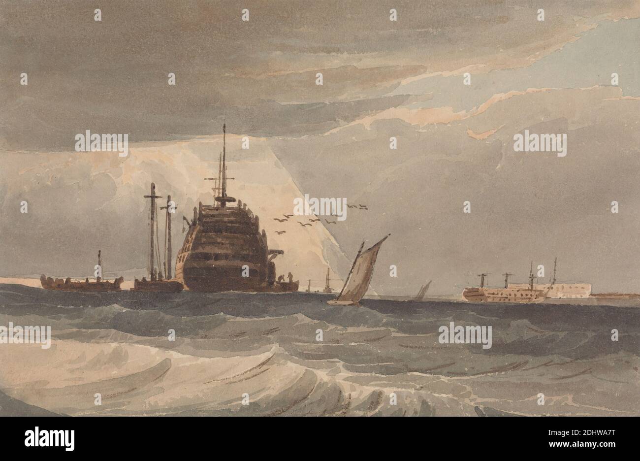 Off Portsmouth: Boats Loading or Unloading a Large Hulk, Small Craft Nearby, Follower of Samuel Prout, 1783–1852, British, undated, Watercolor over graphite on thick, slightly textured, cream wove paper, Sheet: 6 5/8 x 10 3/16 inches (16.9 x 25.9 cm), boats, clouds, coast, hulk (watercraft by form), marine art, port, sailboats, sea, ships, waves (natural events), England, Europe, Hampshire, Portsmouth, United Kingdom Stock Photo