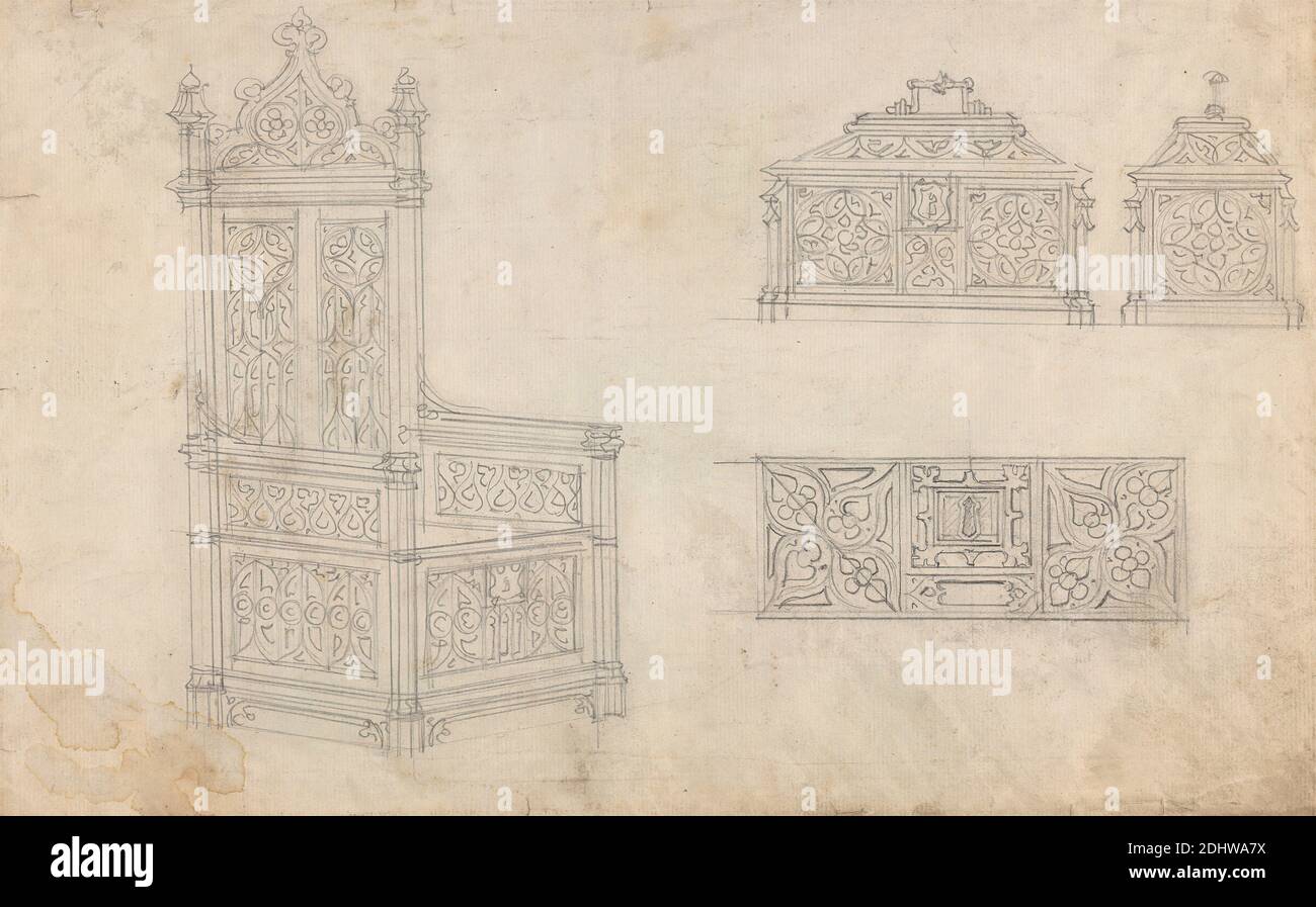 Design for a Gothic Chair and Box, Augustus Welby Northmore Pugin, 1812–1852, British, Augustus Charles Pugin, 1762–1832, French, undated, Graphite on medium, slightly textured, cream laid paper, Mount: 12 3/8 x 13 1/4 inches (31.4 x 33.7 cm) and Sheet: 7 7/8 x 12 1/2 inches (20 x 31.8 cm), architectural subject, box (container), chairs, designs, Gothic (Medieval Stock Photo