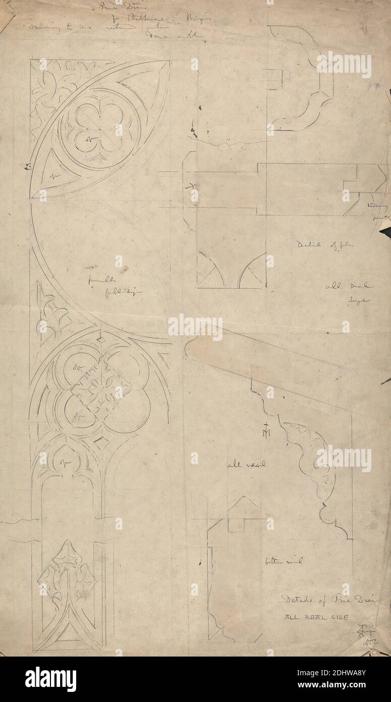Designs for Gothic Ornamentation, Augustus Welby Northmore Pugin, 1812–1852, British, Augustus Charles Pugin, 1762–1832, French, 1852, Graphite and pen and black ink on medium, moderately textured, cream wove paper, Sheet: 19 1/4 × 12 inches (48.9 × 30.5 cm), architectural subject, architecture, design, Gothic (Medieval), ornamentation, prie-dieus Stock Photo