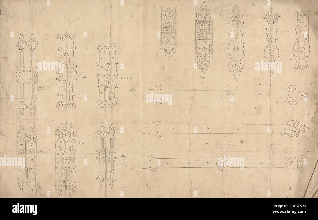 Designs for Gothic Hinges, Keyplates and Doorstraps, Augustus Welby Northmore Pugin, 1812–1852, British, Augustus Charles Pugin, 1762–1832, French, undated, Graphite and pen and black ink on medium, moderately textured, beige wove paper with one fold mark, Sheet: 12 7/8 × 21 inches (32.7 × 53.3 cm), architectural subject, architecture, design, doors, hinges, keys Stock Photo