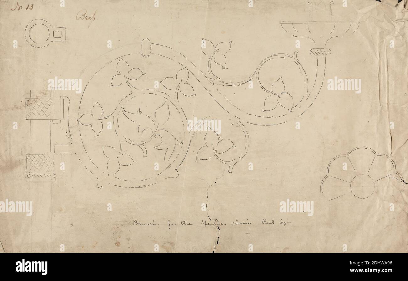 Design for Branch for the Speaker's Chair, Augustus Welby Northmore Pugin, 1812–1852, British, Augustus Charles Pugin, 1762–1832, French, undated, Pen and black ink, pen and brown ink, and graphite on medium, slightly textured, cream wove paper with one fold mark, Sheet: 12 x 19 1/2 inches (30.5 x 49.5 cm), architectural subject, architecture, chair, design, Gothic (Medieval), speakers, Palace of Westminster Stock Photo