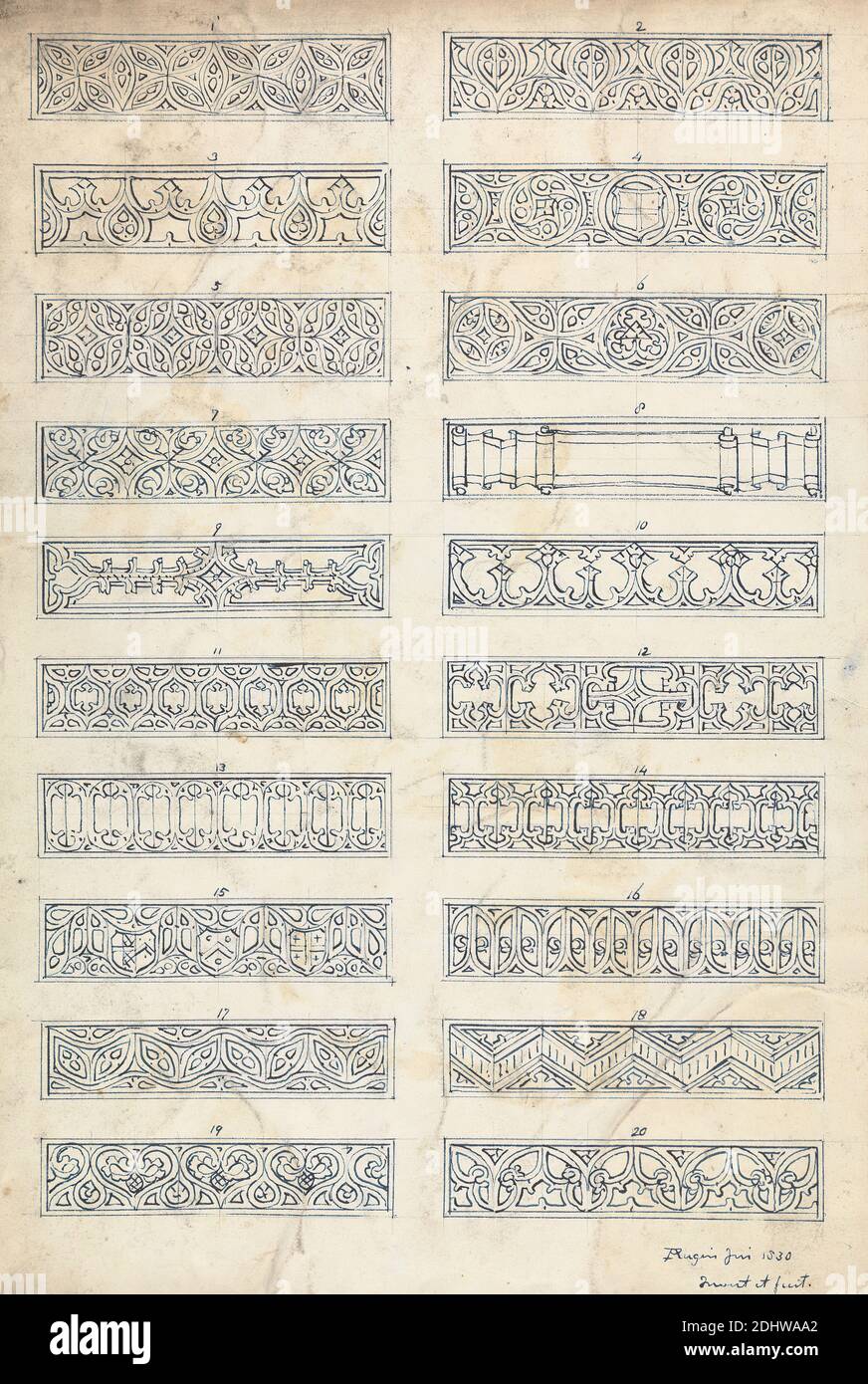 Twenty Designs for Gothic Friezes, Augustus Welby Northmore Pugin, 1812–1852, British, Augustus Charles Pugin, 1762–1832, French, 1830, Graphite and pen and blue ink on medium, moderately textured, cream wove paper, Sheet: 13 1/8 × 8 3/4 inches (33.3 × 22.2 cm), architectural subject, architecture, design, friezes (ornamental bands), Gothic (Medieval Stock Photo