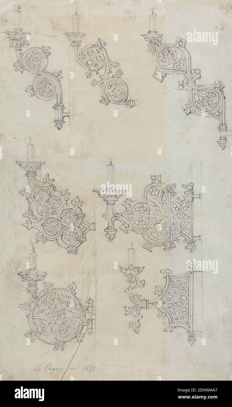 Designs for Gothic Candle Branches, Augustus Welby Northmore Pugin, 1812–1852, British, Augustus Charles Pugin, 1762–1832, French, 1830, Graphite on medium, moderately textured, cream laid paper, Sheet: 12 3/4 x 7 7/8 inches (32.4 x 20 cm), architectural subject, architecture, candle branches, candles, design, Gothic (Medieval Stock Photo