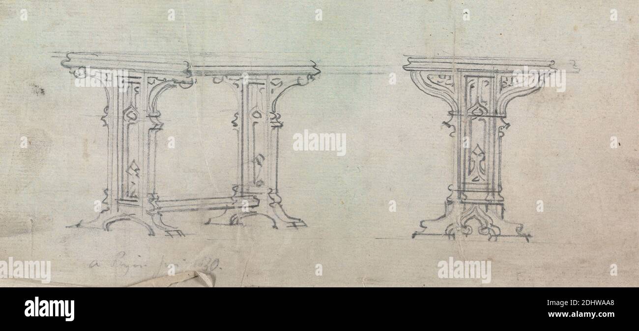 Two Views of a Gothic Table, Augustus Welby Northmore Pugin, 1812–1852, British, Augustus Charles Pugin, 1762–1832, French, 1830, Graphite on medium, moderately textured, white laid paper, Sheet: 3 5/8 x 7 7/8 inches (9.2 x 20 cm), architectural subject, architecture, design, Gothic (Medieval), table Stock Photo