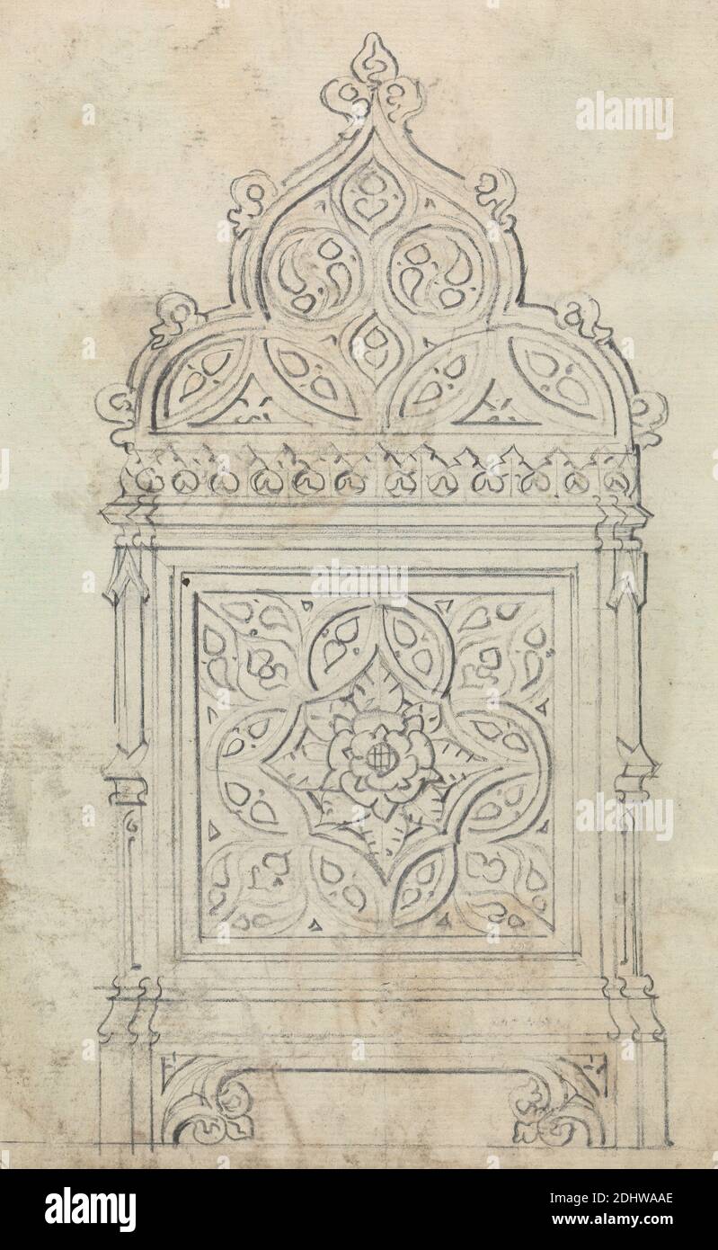 Design for Gothic Ornamentation, Augustus Welby Northmore Pugin, 1812–1852, British, Augustus Charles Pugin, 1762–1832, French, undated, Graphite on medium, moderately textured, cream laid paper, Sheet: 7 1/8 x 4 1/2 inches (18.1 x 11.4 cm), architectural subject, architecture, design, Gothic (Medieval), ornamentation Stock Photo