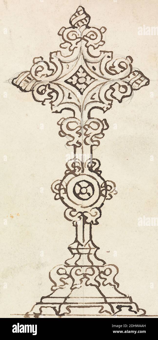 Design for a Monstrance, Augustus Welby Northmore Pugin, 1812–1852, British, Augustus Charles Pugin, 1762–1832, French, undated, Graphite and pen and brown ink on medium, slightly textured, cream wove paper, Sheet: 5 1/2 × 2 7/8 inches (14 × 7.3 cm), architectural subject, architecture, design, Gothic (Medieval), monstrance Stock Photo