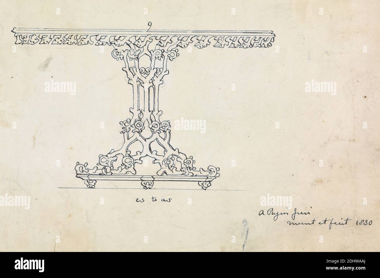 Design for a Gothic Table, Augustus Welby Northmore Pugin, 1812–1852, British, Augustus Charles Pugin, 1762–1832, French, 1830, Graphite and pen and black ink on medium, slightly textured, cream wove paper, Sheet: 5 1/8 x 7 5/8 inches (13 x 19.4 cm), architectural subject, architecture, design, Gothic (Medieval), table Stock Photo