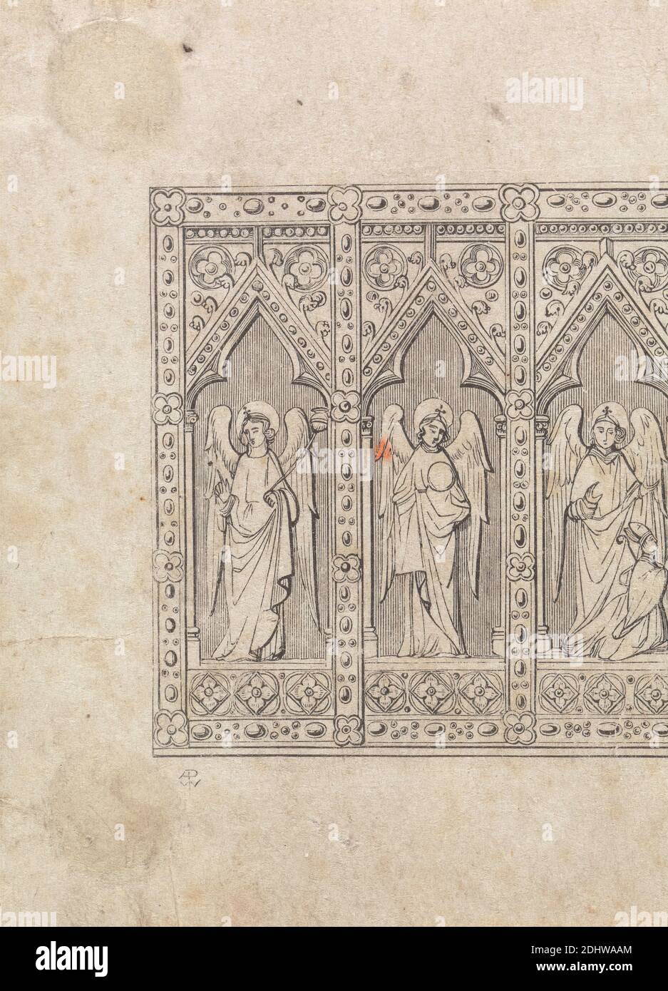 Design for a Gothic Church Altar and Organ, Augustus Welby Northmore Pugin, 1812–1852, British, Augustus Charles Pugin, 1762–1832, French, undated, Pen and black ink on medium, slightly textured, cream wove paper, Sheet: 3 3/8 × 2 1/2 inches (8.6 × 6.4 cm), altars, angels, architectural subject, church, designs, Gothic (Medieval), organ (aerophone), saints Stock Photo