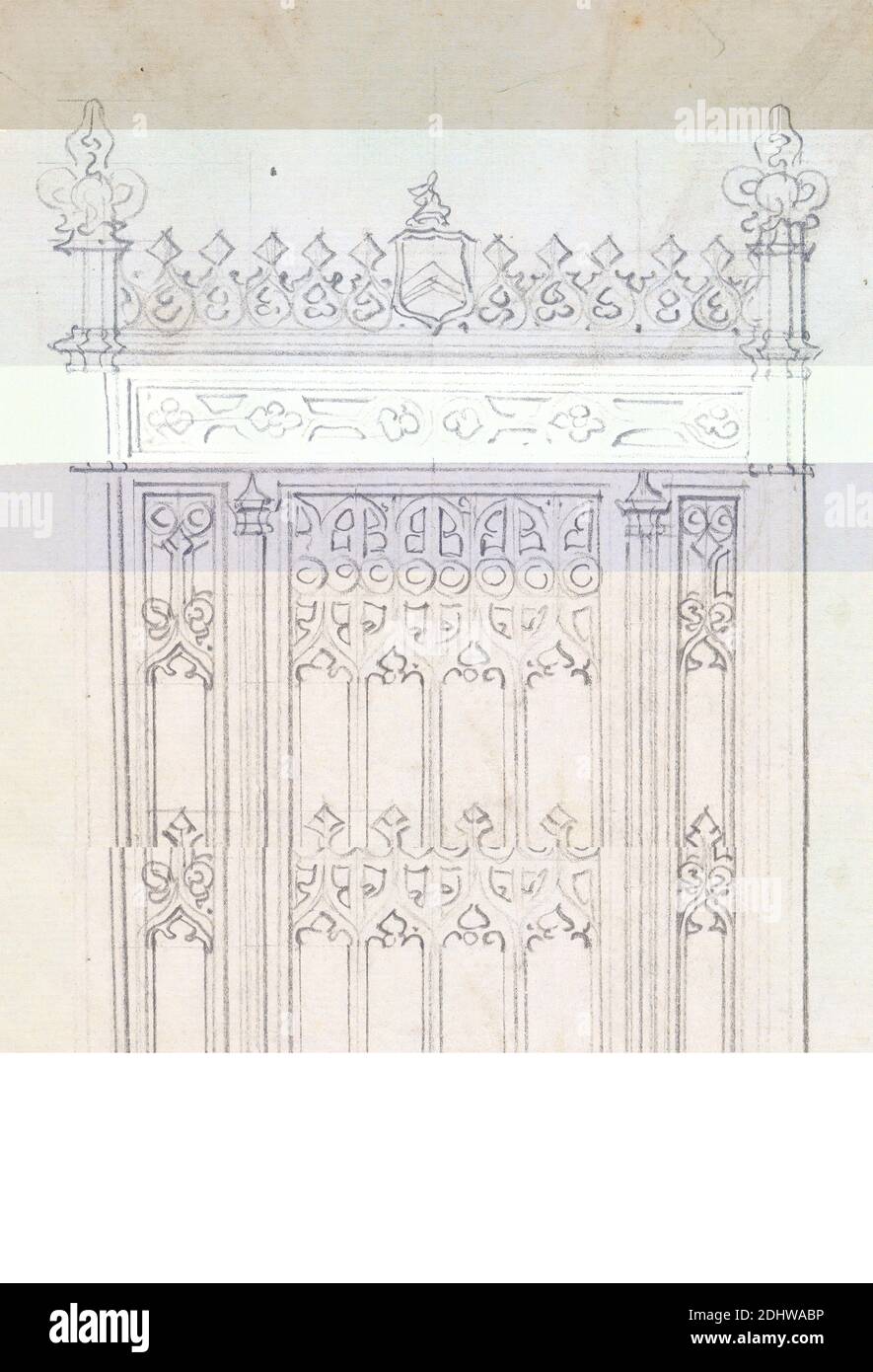 Design or a Gothic Screen, Augustus Welby Northmore Pugin, 1812–1852, British, Augustus Charles Pugin, 1762–1832, French, undated, Graphite on medium, slightly textured, white laid paper, Sheet: 4 7/8 × 7 1/4 inches (12.4 × 18.4 cm), architectural subject, architecture, design, Gothic (Medieval), screen Stock Photo