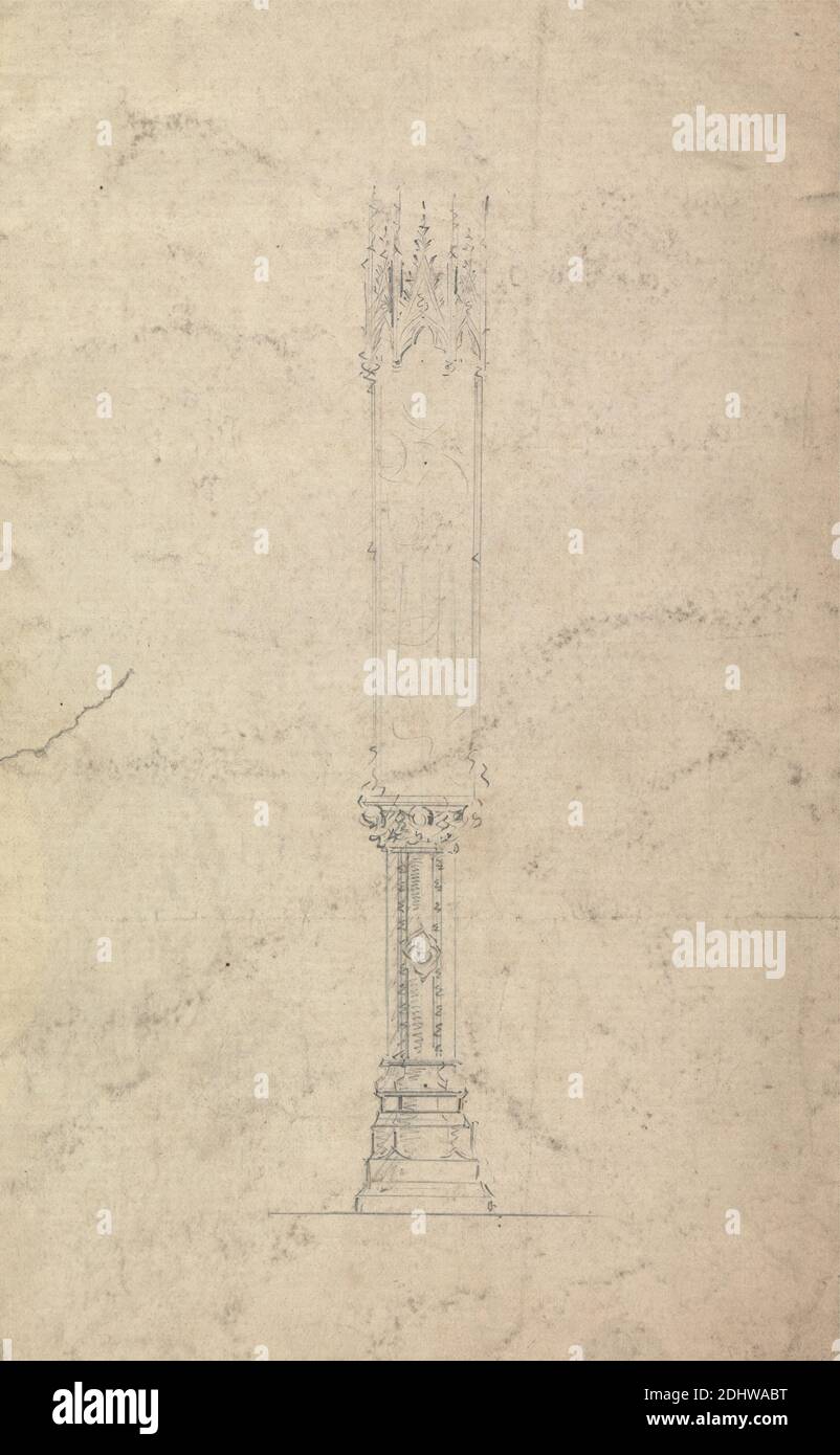 Design for a Gothic Candlestick, Augustus Welby Northmore Pugin, 1812–1852, British, Augustus Charles Pugin, 1762–1832, French, undated, Graphite on medium, smooth, cream laid paper, Sheet: 7 7/8 × 4 7/8 inches (20 × 12.4 cm), architectural subject, architecture, candlestick, design, Gothic (Medieval Stock Photo