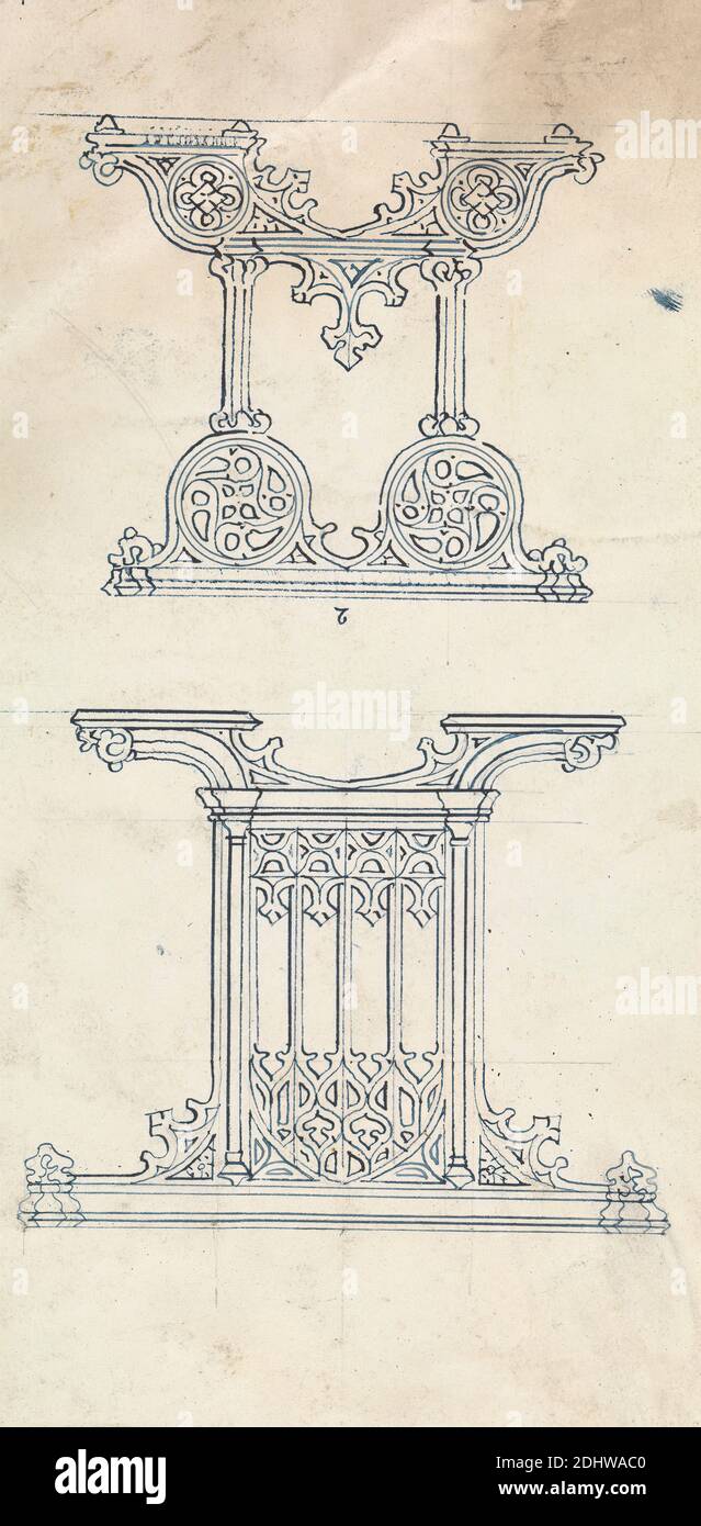 Designs for Gothic Tables, Augustus Welby Northmore Pugin, 1812–1852, British, Augustus Charles Pugin, 1762–1832, French, undated, Graphite and pen and blue ink on moderately thick, smooth, cream wove paper, Sheet: 8 1/2 x 4 1/4 inches (21.6 x 10.8 cm), architectural subject, decoration, designs, Gothic (Medieval), tables (support furniture Stock Photo
