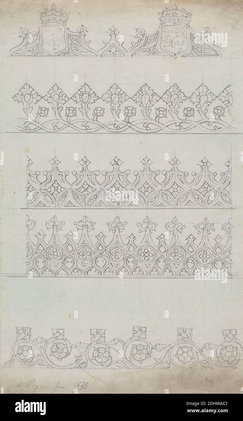 Designs for Gothic Friezes, Augustus Welby Northmore Pugin, 1812–1852, British, Augustus Charles Pugin, 1762–1832, French, 1830, Graphite on medium, slightly texture, white laid paper, Sheet: 12 1/2 x 7 7/8 inches (31.8 x 20 cm), architectural subject, architecture, design, friezes (ornamental bands), Gothic (Medieval Stock Photo